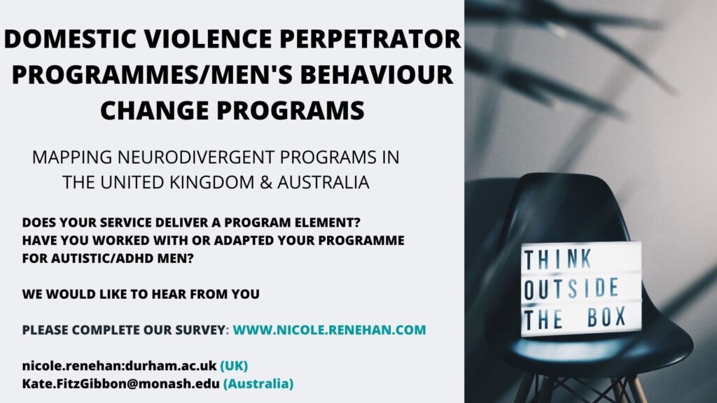 Dr Nicole Renehan is currently undertaking a survey researching how domestic violence perpetrator programmes address neurodiversity in the UK and Australia